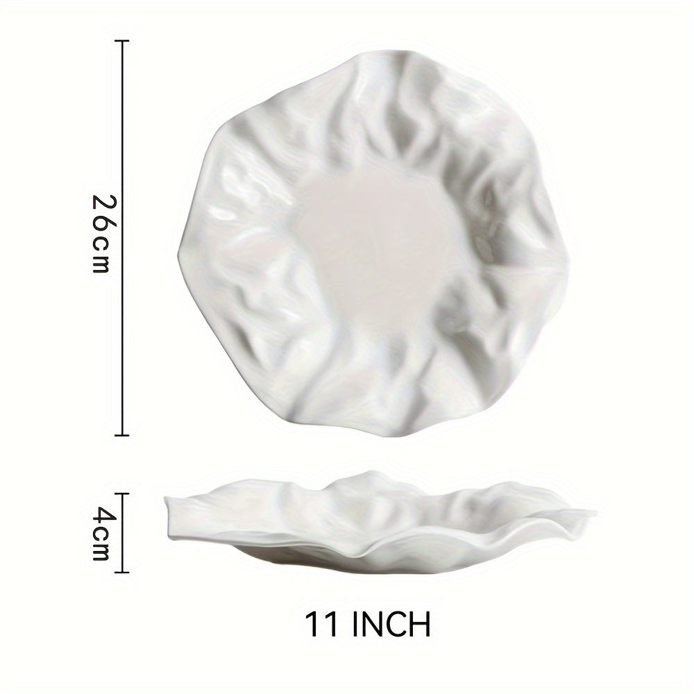 Single white ceramic dish, versatile for afternoon tea, pasta, molecular cuisine, diet meals, desserts, salads, and fruits. Ideal for home or restaurant parties.