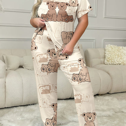 Plus size teddy bear print pajama set for women with round neck, short sleeve, and long pants. Comfortable loungewear for spring/summer/fall.