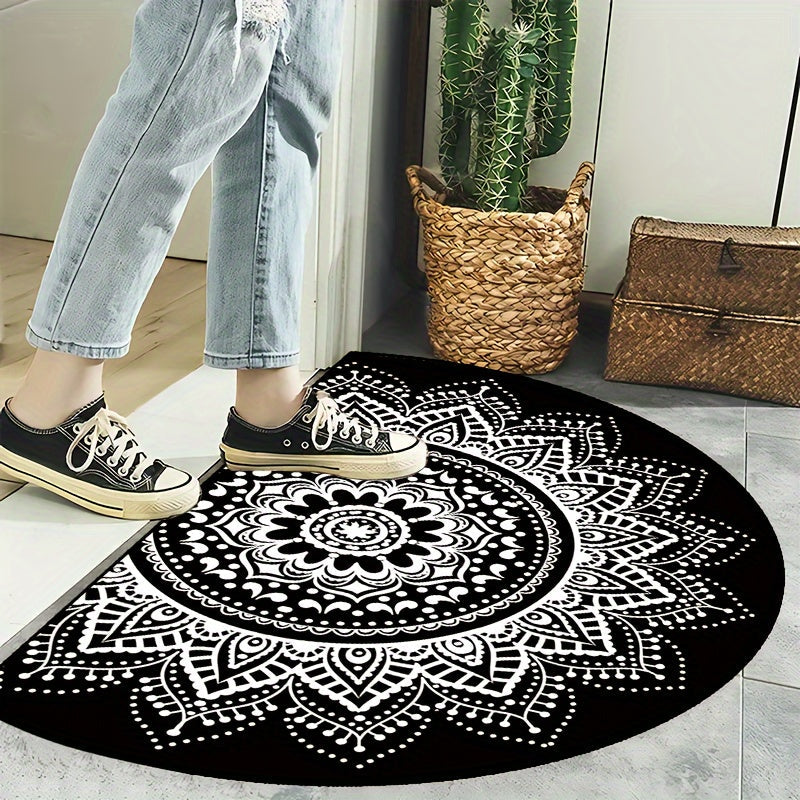 Non-Slip White Circular Lace Pattern Washable Polyester Doormat - Semi-Circle Shape, Elegant Entry Rug for Indoor, Outdoor, Bedroom, Hallway, Patio - Perfect as Photo Prop or Gift - Available in Various Sizes (15x23, 19x31, 23x35, 31x47 inches) - 1 piece