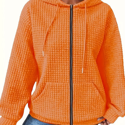 Stylish plus size women's hoodie with zipper made of polyester and elastane blend, perfect for all seasons with no fading or shrinking.