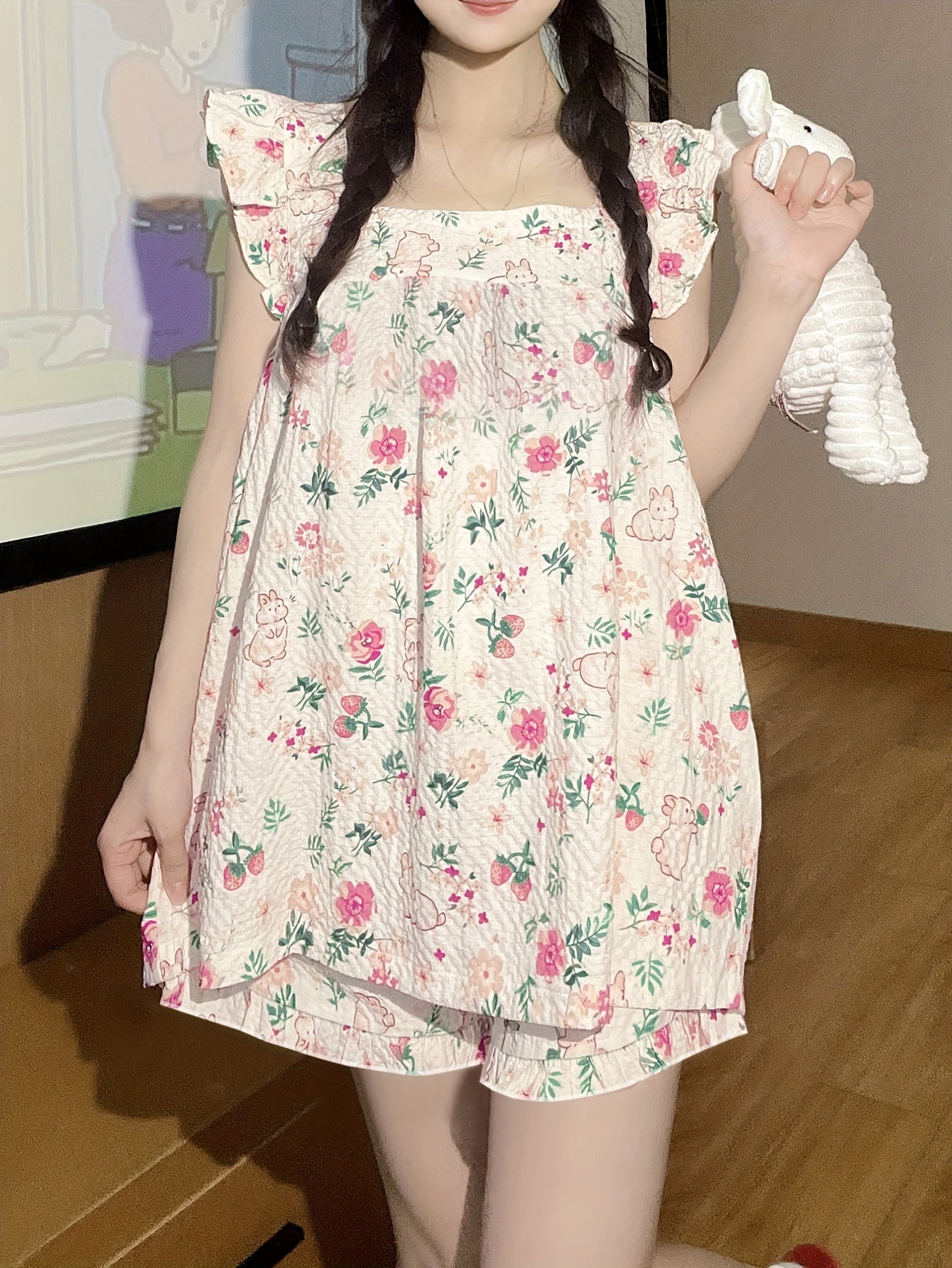 Women's loungewear set with ruffle sleeve top and elastic shorts featuring cute rabbit and floral print.