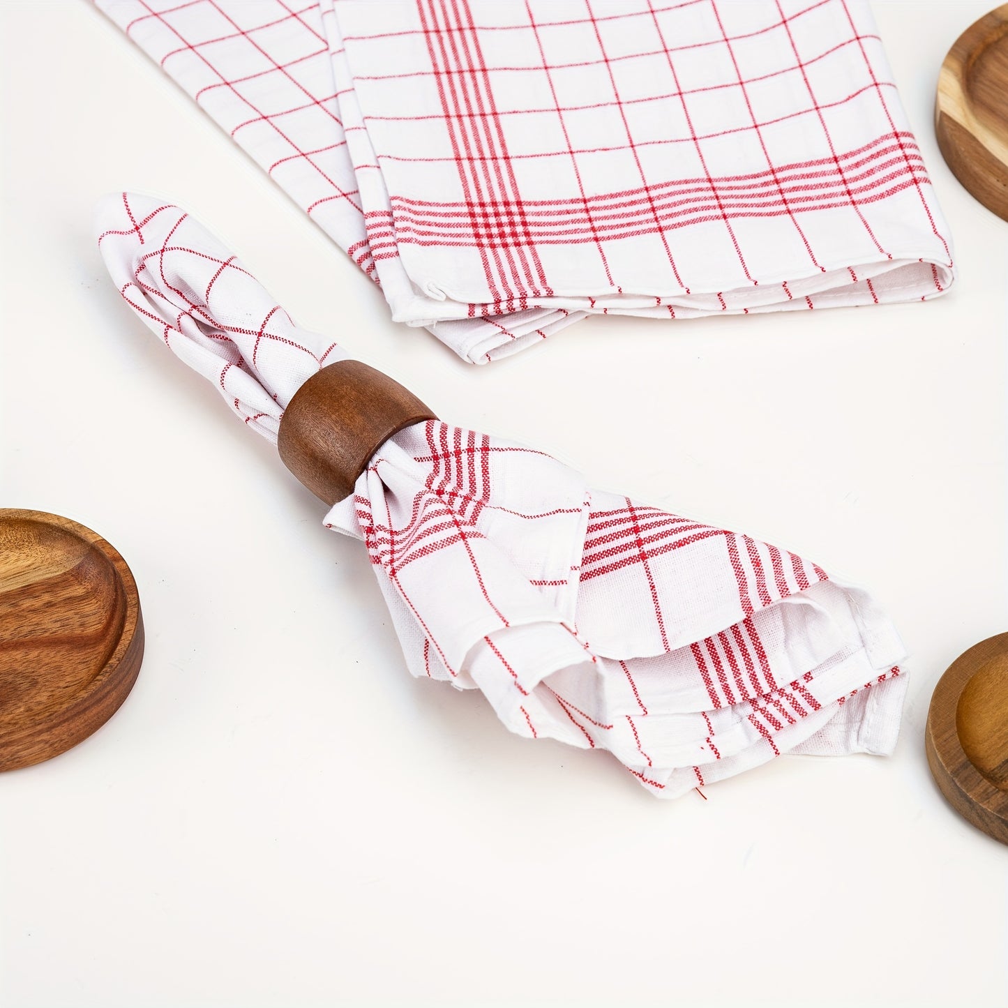 Set of 12 vintage red and white check European kitchen towels, each measuring 62 x 42cm. Heavy, hand hemmed tea towels suitable for all purposes.