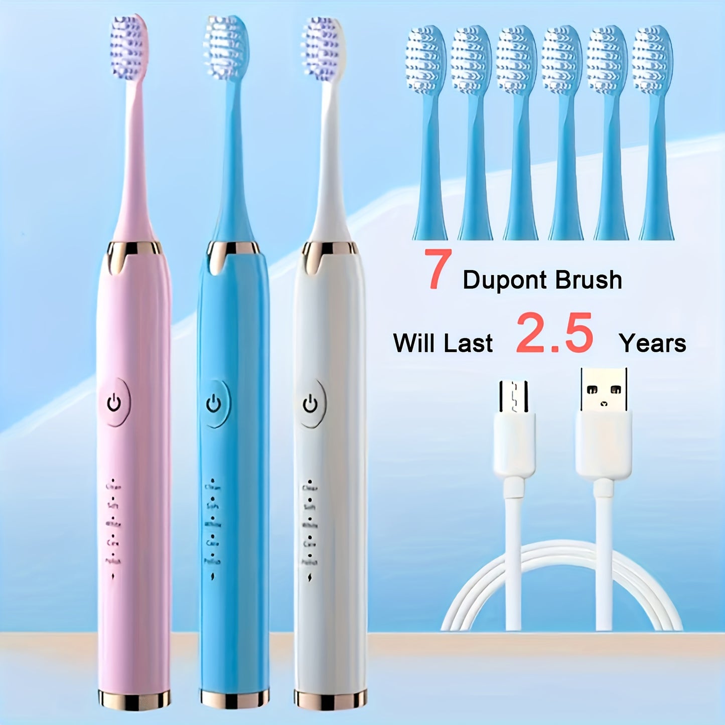 EC810 Electric Toothbrush with 7 Dupont Brushes, 5 Modes, USB Charging, Rechargeable Battery, ≤36V Voltage, 500mAh - Removes 7X More Plaque