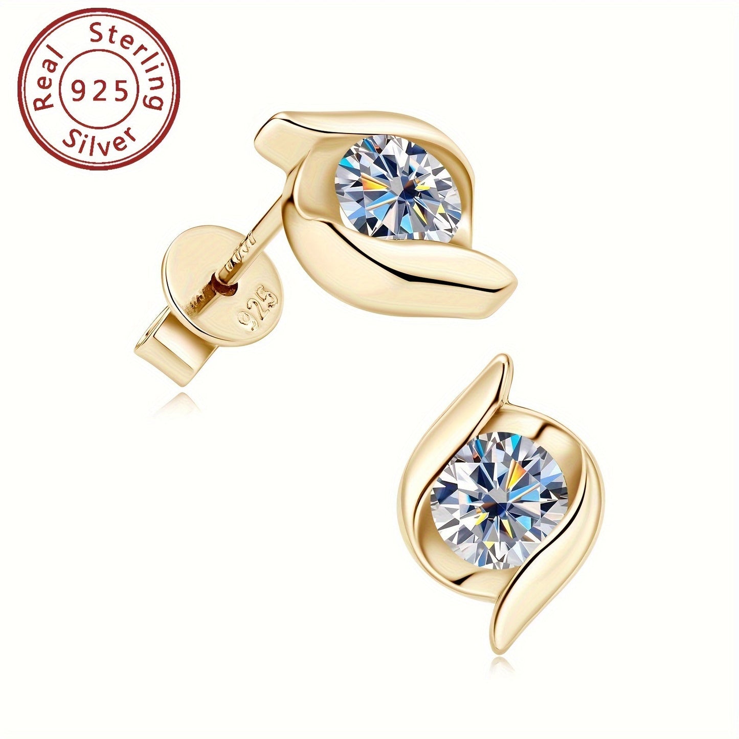 Stunning and timeless Infinity Twist Stud Earrings featuring a 5mm Round Moissanite, Synthetic 1.0ct Total (0.5ct each) stone. Crafted with 925 Sterling Silver, 14K Gold Plating, perfect for Christmas, weddings, or daily wear. Hypoallergenic 925 Silver