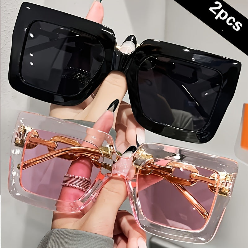 Two pairs of oversized fashionable glasses for women with large square frames, ideal for beach parties and travels.