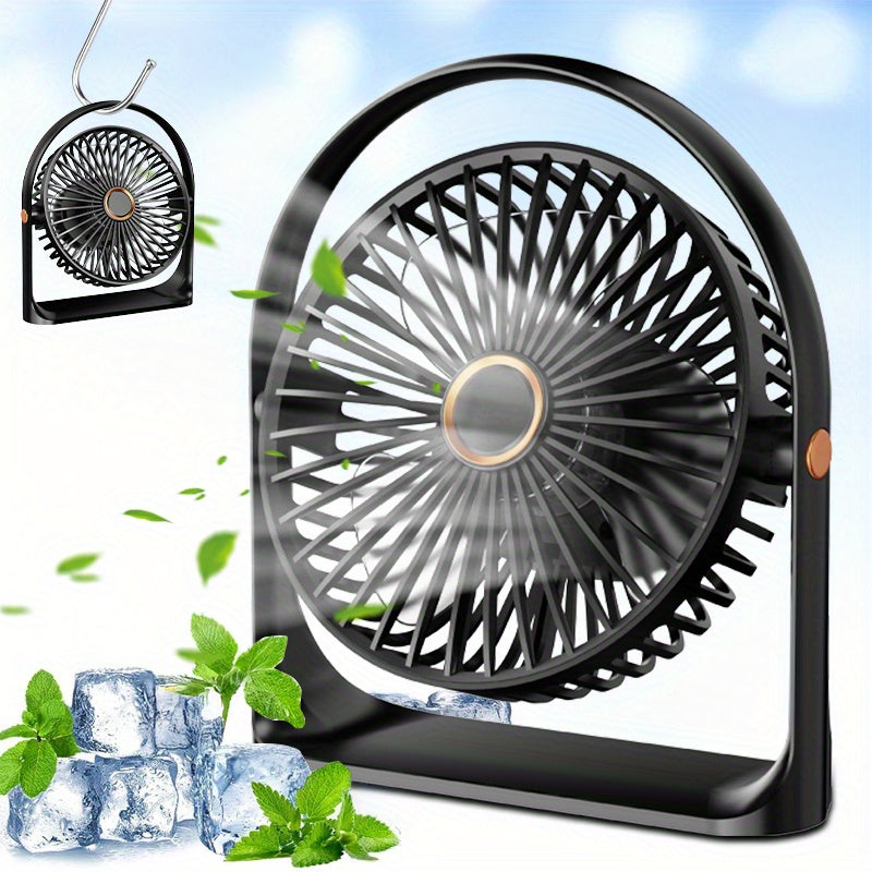 The Portable LED Display Fan features a 6-inch transparent blade with backlighting, designed to be clipped on or used with the stand. It is USB rechargeable with a 1200mAh lithium battery and operates quietly, making it perfect for use in offices