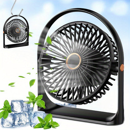 The Portable LED Display Fan features a 6-inch transparent blade with backlighting, designed to be clipped on or used with the stand. It is USB rechargeable with a 1200mAh lithium battery and operates quietly, making it perfect for use in offices