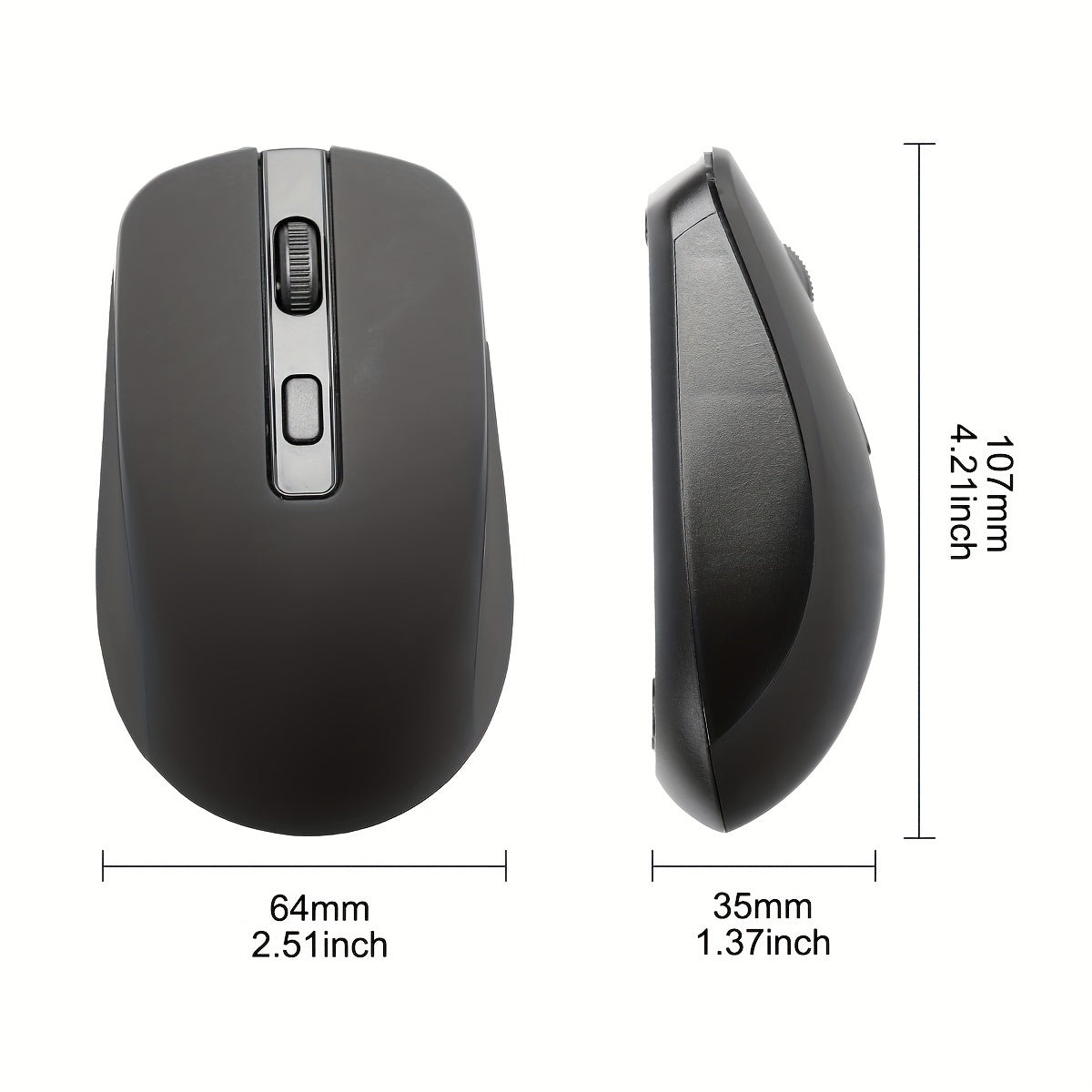 Battery powered 4D Button Wireless Optical Mouse with an ambidextrous plastic design for laptops and desktops - battery not included.