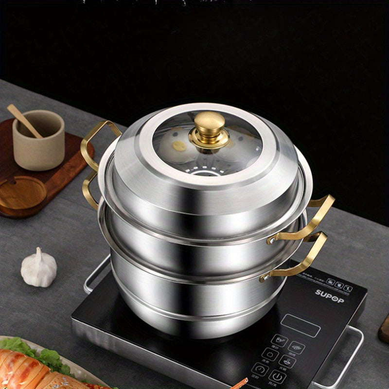 Stainless Steel Double-Layer Steamer Pot with Multi-Tiered Dumpling Steamer Insert, 27.94cm Size for Stovetop Use, Easy to Clean and Versatile Cookware