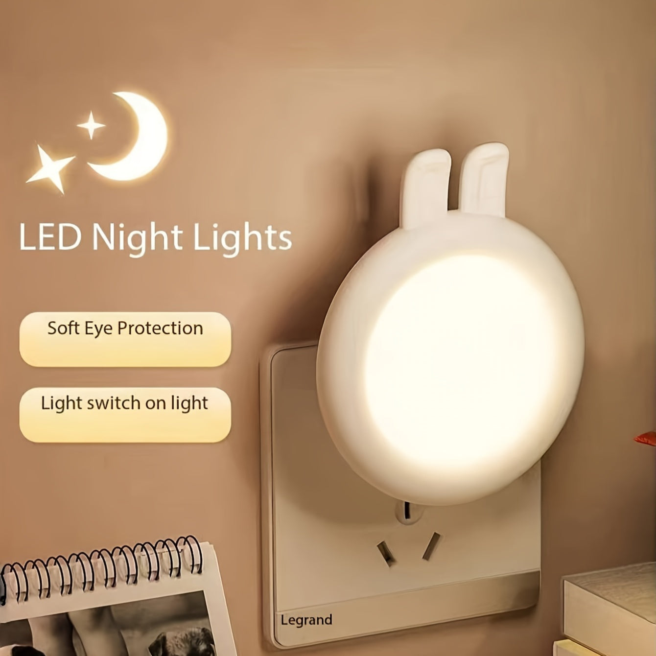 Modern Rabbit Ears LED Night Light with Light Sensor, European Standard Plug, Animal Theme Lamp, Bedroom Décor, No Batteries Needed