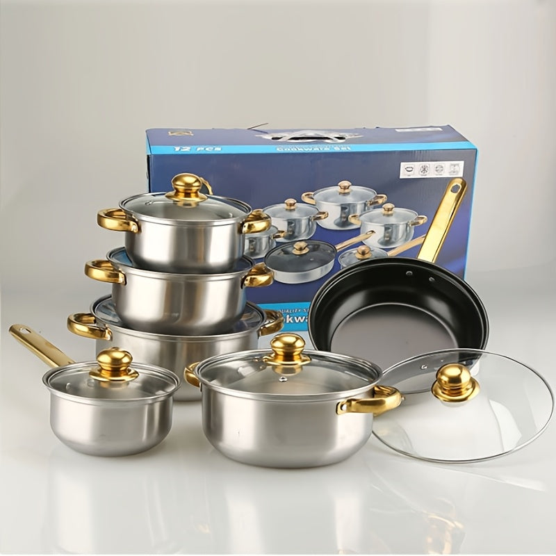 Stainless Steel Cookware Set with 12 Pieces, Includes Versatile Kitchen Pots and Pans, Compatible with Induction Cooktops, Featuring Golden Handles, Suitable for All Stovetops