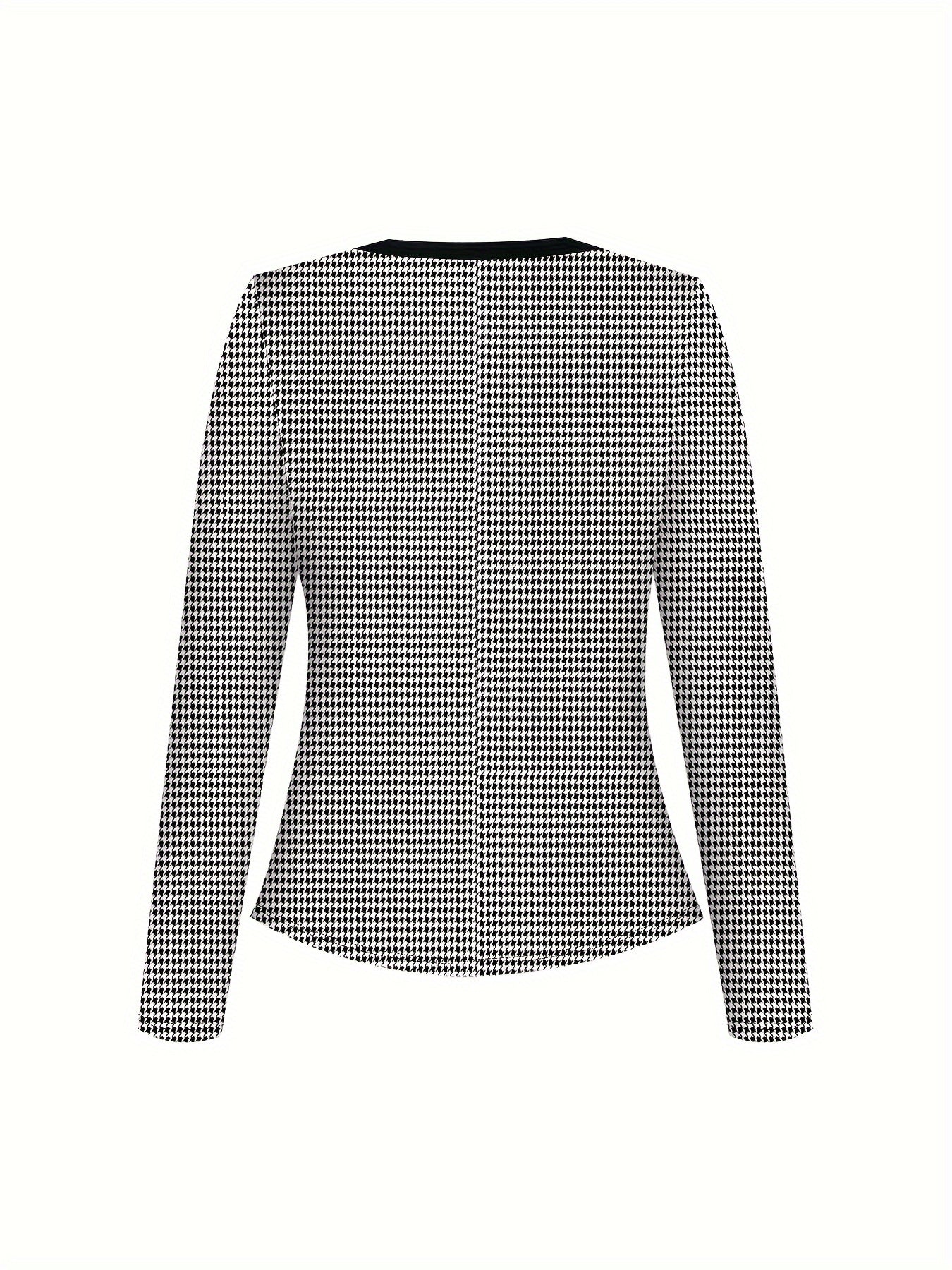 Elegant women's houndstooth print set with long sleeve button top and skirt.