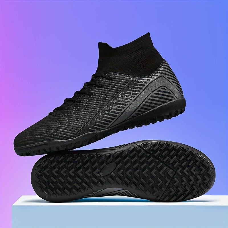 Men's soccer shoes with stripe pattern, lace-up cleats, non-slip rubber sole, durable PU upper, and TF studs for indoor and outdoor use, suitable for both youth and adults.