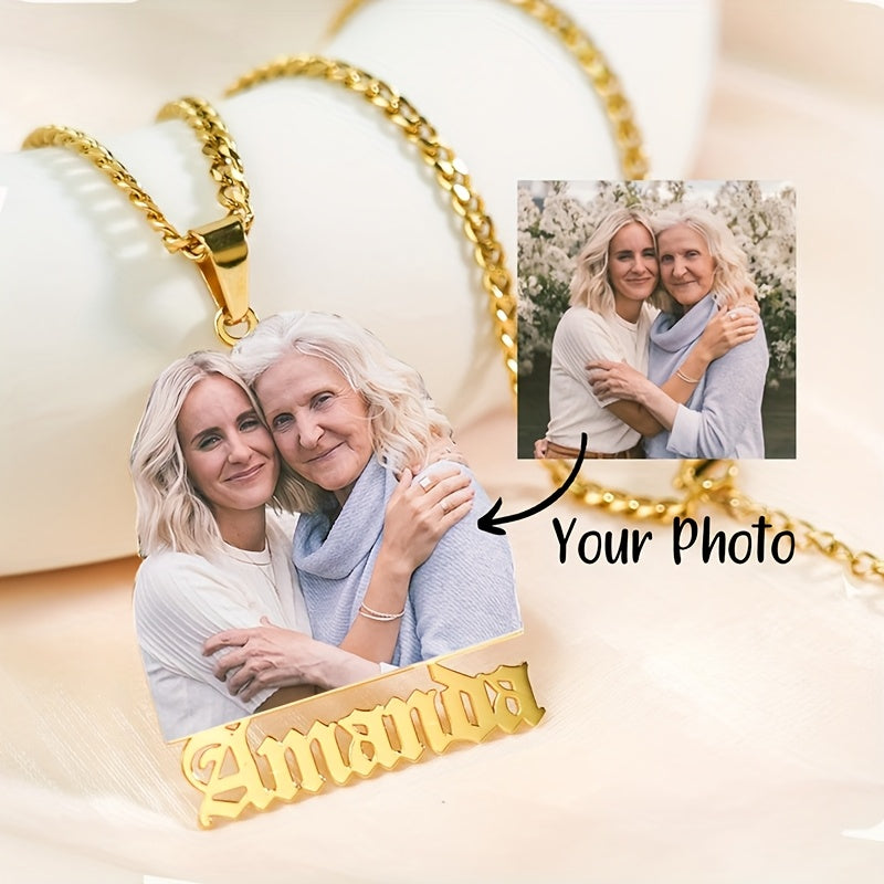 Personalized 18K Golden Plated Stainless Steel Photo Necklace with Engraved Name - Perfect for Mother's Day, Father's Day, New Year, Christmas - Stylish Party Accessory and Versatile All-Season Jewelry