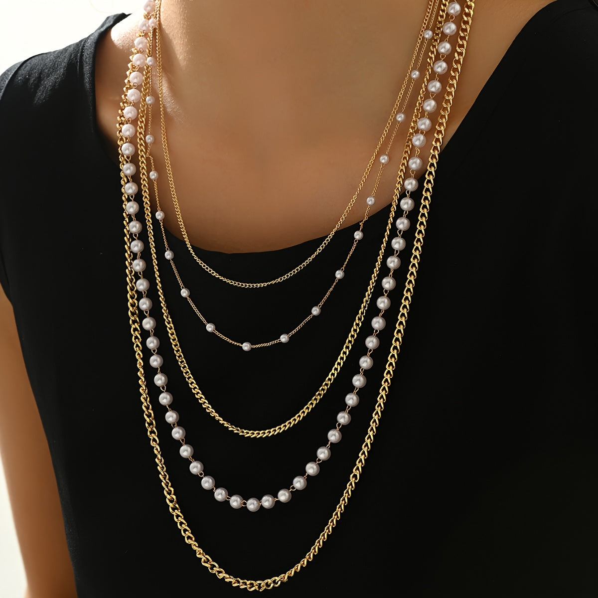 Stylish Multi-Layer Faux Pearl Necklace for Women, Featuring Classic Iron Chain, Perfect for Weddings and Banquets, Versatile All-Season Jewelry, Pearl Accent, Elegant and Chic