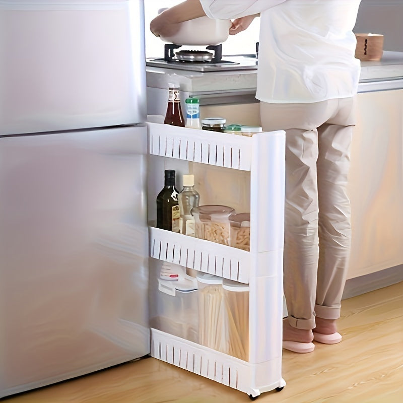 3/4-layer ultra-narrow refrigerator edge gap organizer for bathroom and living room storage, ideal for hotels.