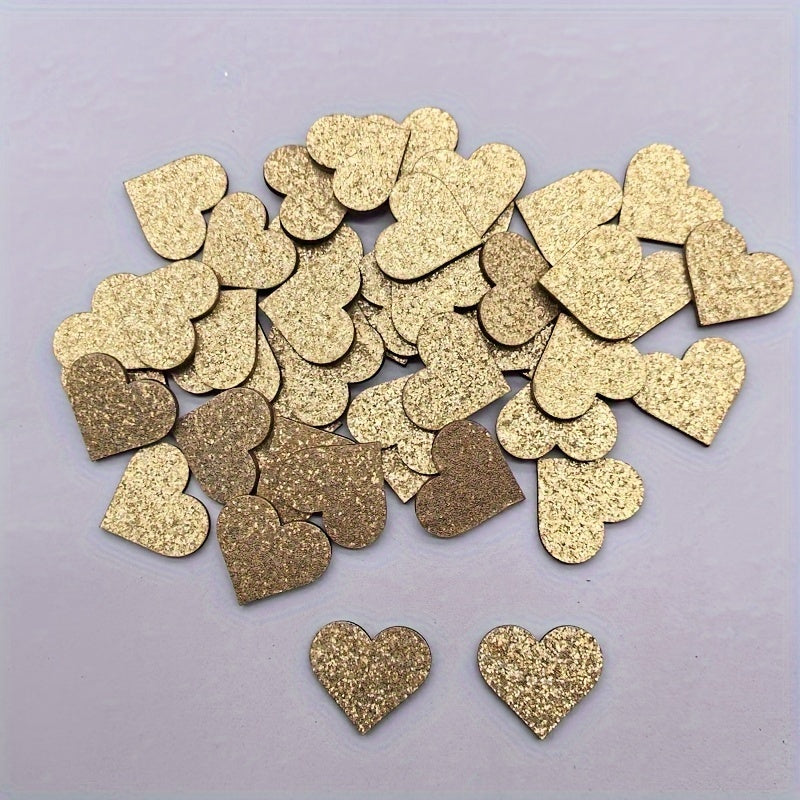 Wooden peach heart decoration with gold and silver glitter for wedding table.