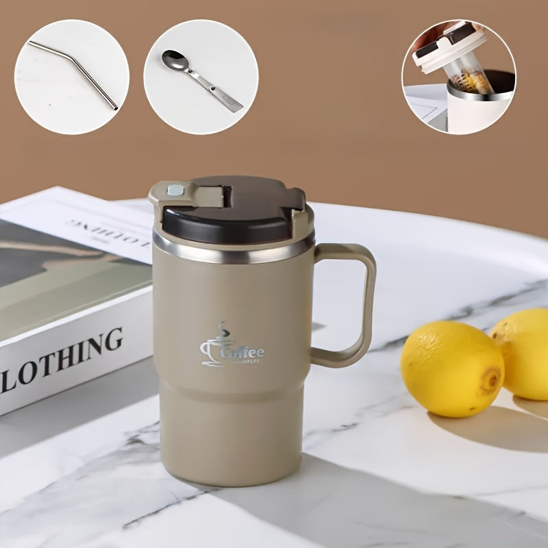 This Stainless Steel Insulated Coffee Mug holds 19.3 oz and comes with a lid and spoon. It is a reusable, versatile thermal cup perfect for use in the office, while traveling, or during sports activities. The mug also includes a tea infuser. Please hand