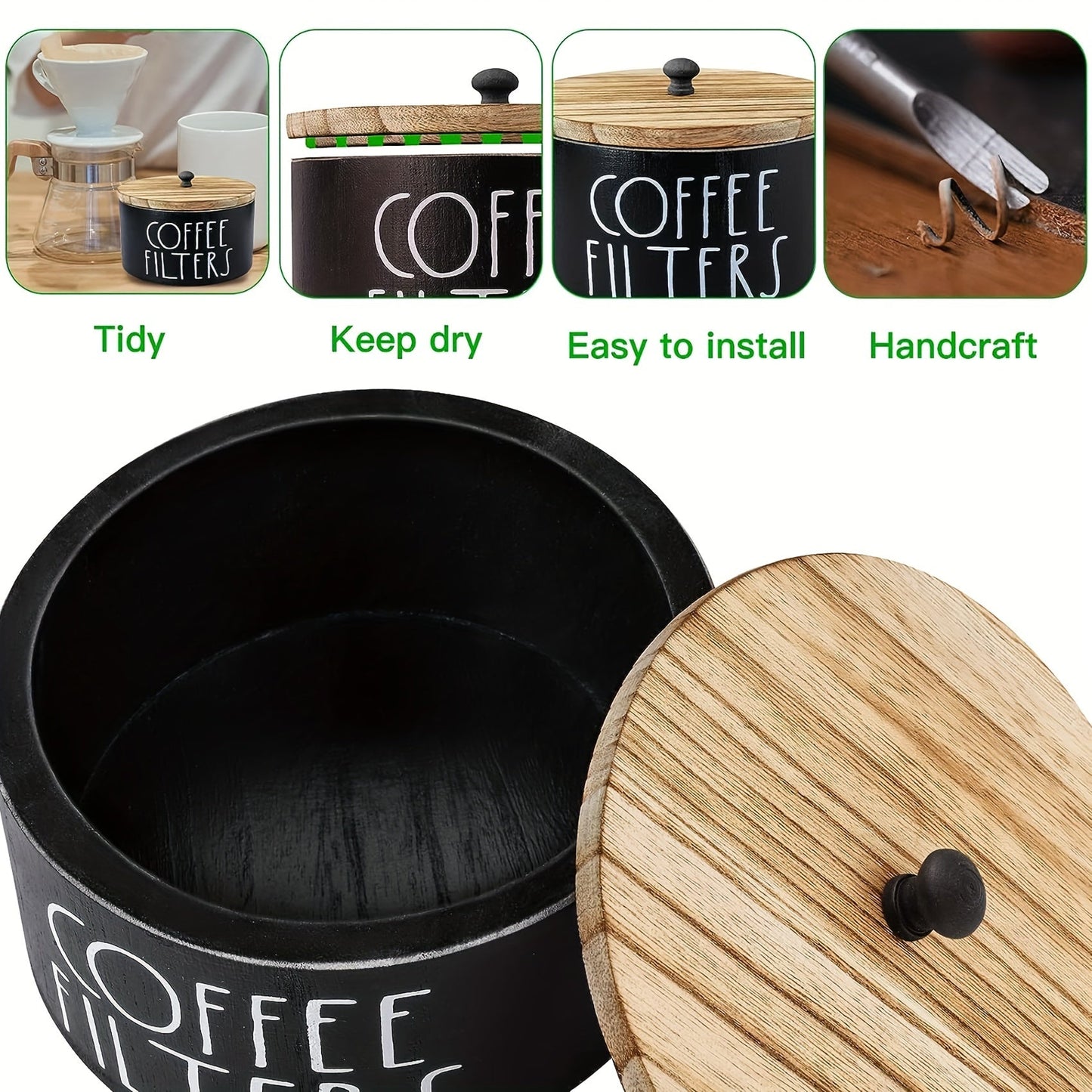 Wooden Coffee Filter Holder with Lid - Farmhouse Style Storage Container for Kitchen & Dining Room