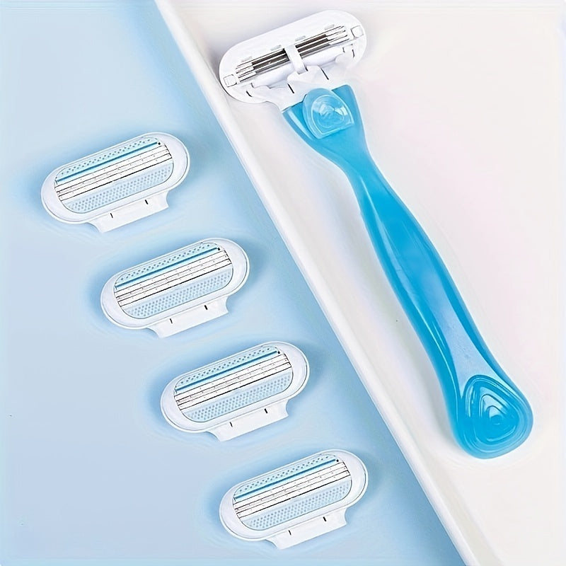 Hypoallergenic manual hair removal razor kit with blue handle + 8 white blades, stainless steel for smooth, normal skin.