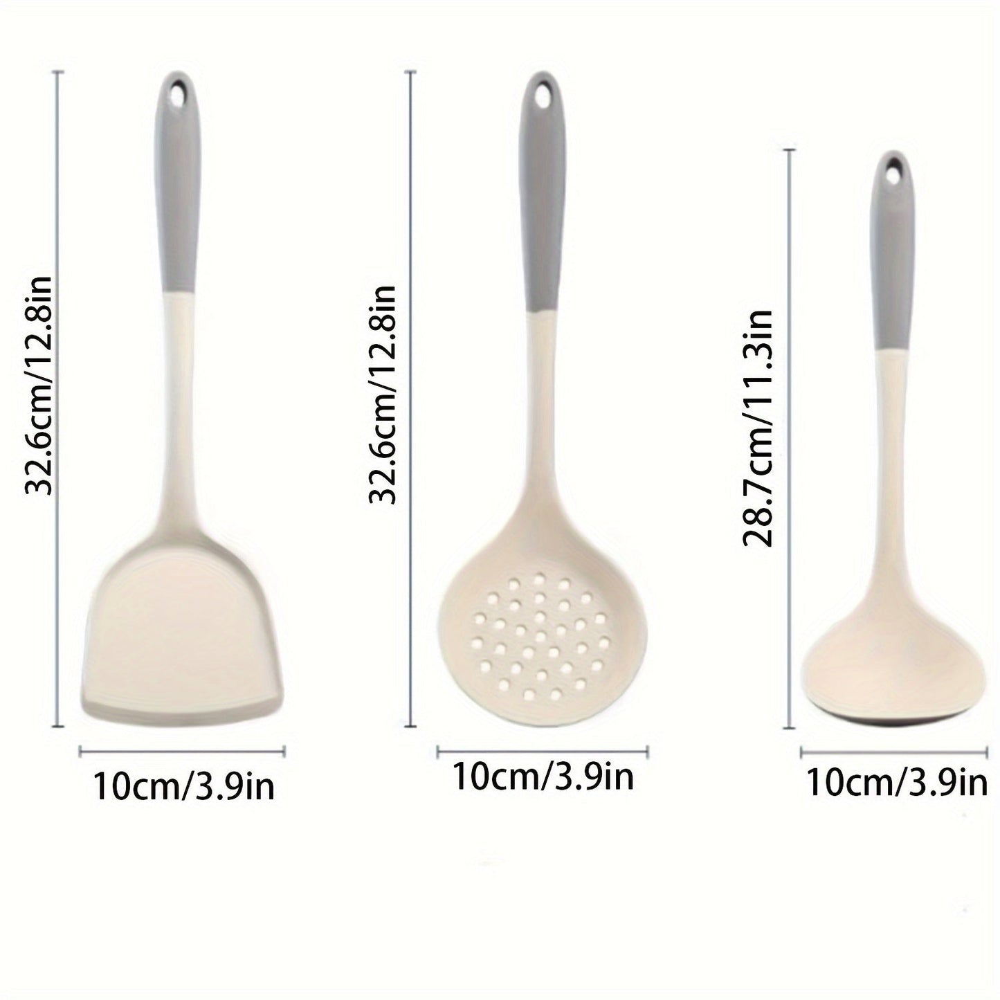 Set of 3 silicone kitchen utensils for safe and non-stick cooking, including a turner, spatula, soup ladle, and pasta server.