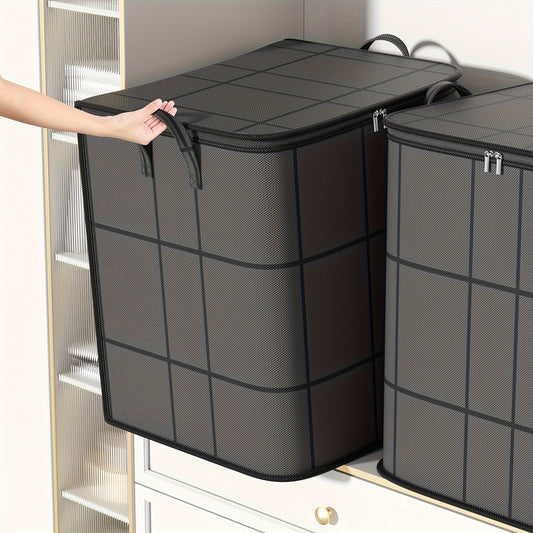 Large foldable storage bag made of durable non-woven fabric with handles, ideal for organizing clothes, blankets, toys, and travel items in black.