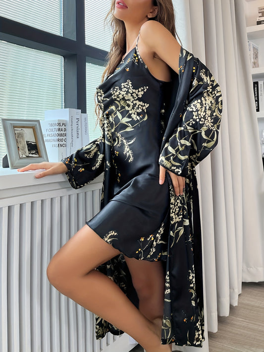 Cherry print satin robe set for women, made of 100% polyester with a cowl collar. Perfect for all seasons, lightweight at 90g/m². Includes 2 pieces for loungewear.