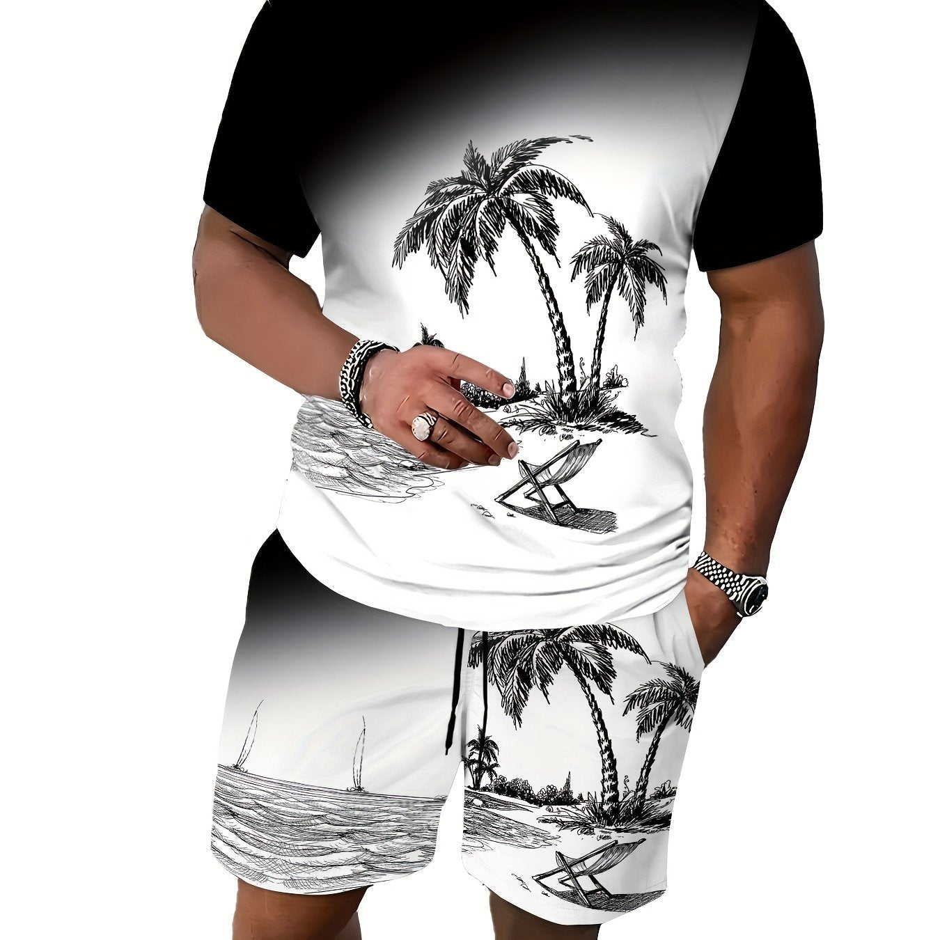 Tropical beach sunset lounge set with 3D palm tree print crew neck tee and drawstring shorts, perfect for casual home wear, vacation, or workout in spring/summer. Made of comfortable