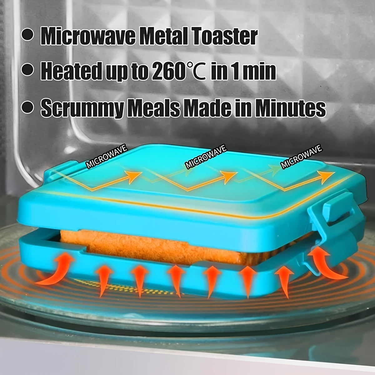 One piece Silicone Sandwich Maker featuring a removable non-stick surface, adjustable silicone straps for microwave toasting, dishwasher safe, no need for electricity, made of PFOA-free material, includes a lid.