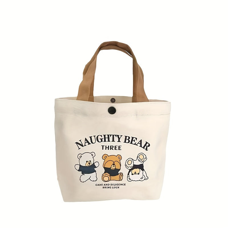 Durable Square Canvas Lunch Bag with Animal Theme Featuring Three Naughty Bear Designs - Hand Washable Tote Perfect for Students and Office Workers.