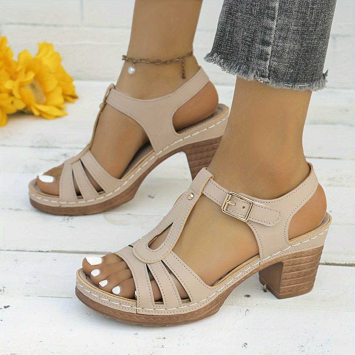 Stylish women's sandals with solid color, T-Strap high heels, and non-slip chunky heels for summer.