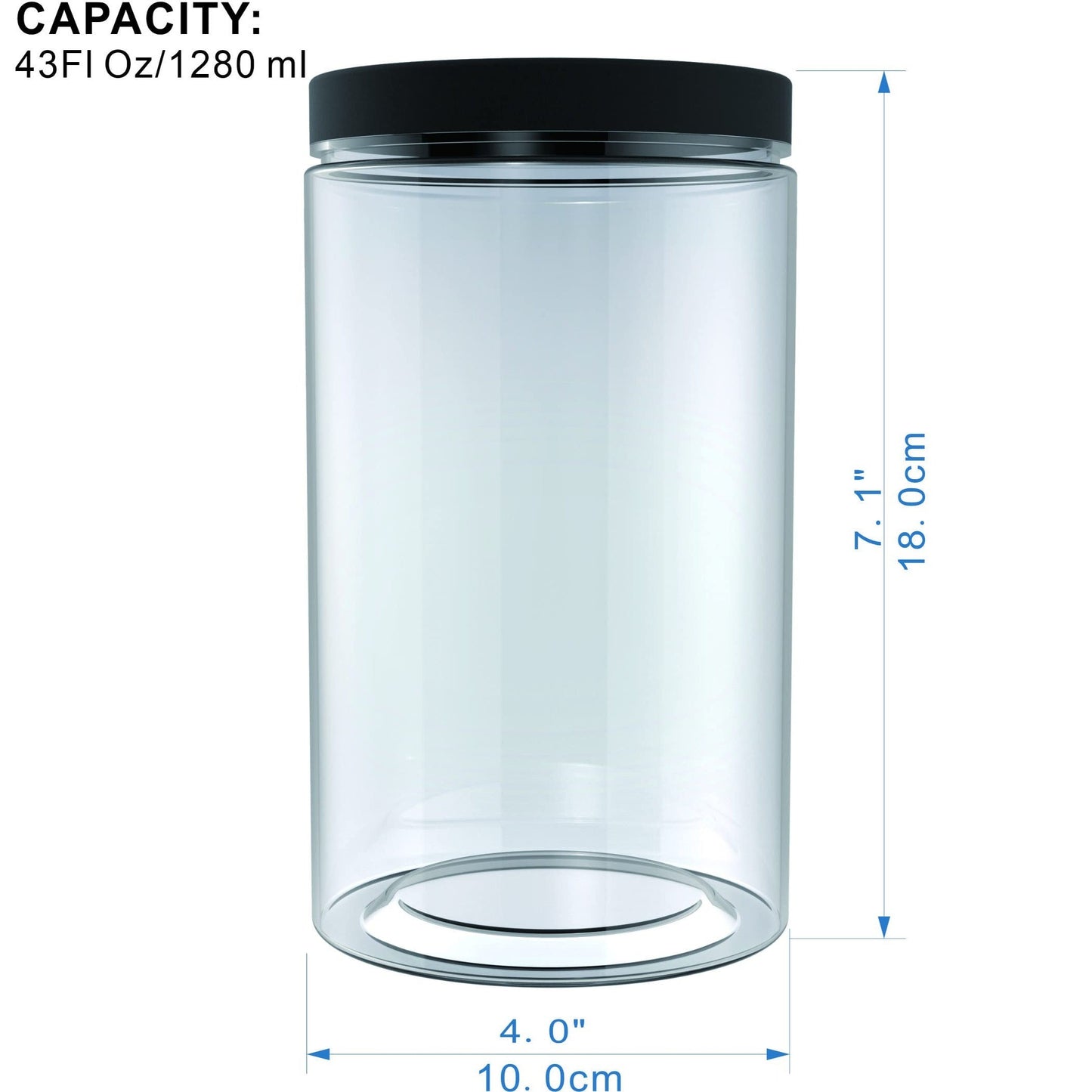 Set of 6 43oz Clear PET Food Storage Jars with Smooth Black Lids - BPA Free, Wide Mouth for Easy Pouring & Cleaning - Ideal for Organizing Your Kitchen Pantry