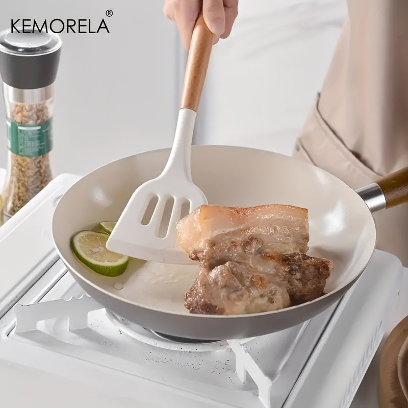 KEMORELA 14-Piece Silicone Kitchen Utensil Set with Wooden Handles and Storage Bucket - Non-Stick, Food-Safe Cooking Tools Ideal for Apartments and Dorms, by KEMORELA