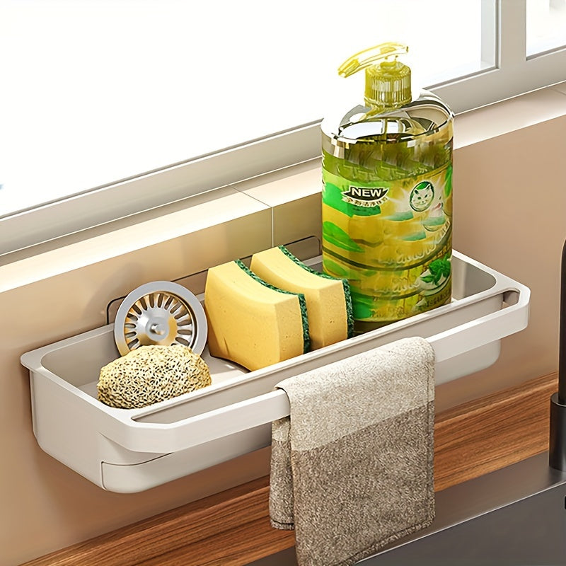 White Plastic Wall-Mounted Kitchen Sink Organizer with Towel Holder - Space-Saving Design for Sponges, Soap, and Cleaning Tools. Perfect for Home Kitchen Sink Accessories.