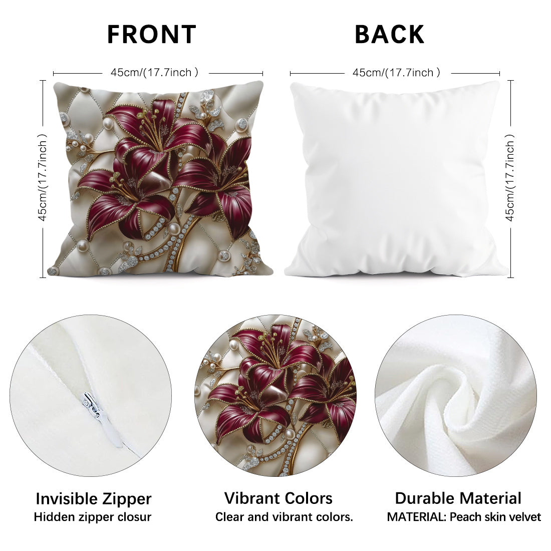 Single-side printed throw pillow cover with 3D floral pearl design, made of peach skin material, 45*45cm in size.