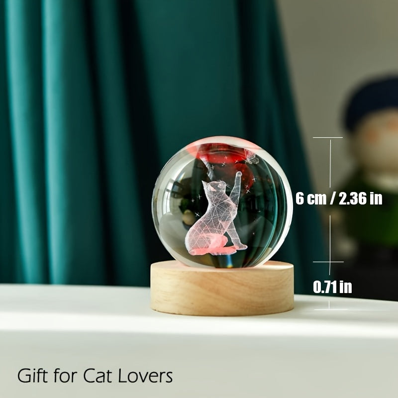 Cat Crystal Ball Night Light on Wooden Base, 5.99cm Lamp for Cat Lovers, Snow Globe Gift for Women - $1pc