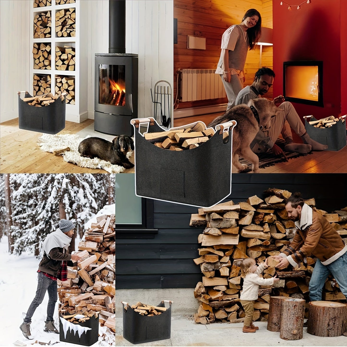 Large Dark Grey Felt Log Basket with Handles, Foldable Firewood Storage Tote for Fireplace, Space-Saving Fire Pit Accessory, Newspaper and Wood Carrier - Dimensions 50cm x 32cm x 40cm