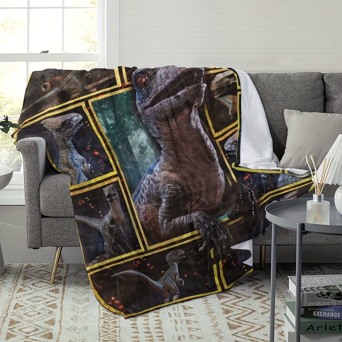 Soft plush throw blanket featuring a geometric pattern inspired by Jurassic dinosaurs. Made of 200-250g polyester with a digital print in a mid-century style. Versatile for use in all seasons and all weather conditions. Suitable for both men and women