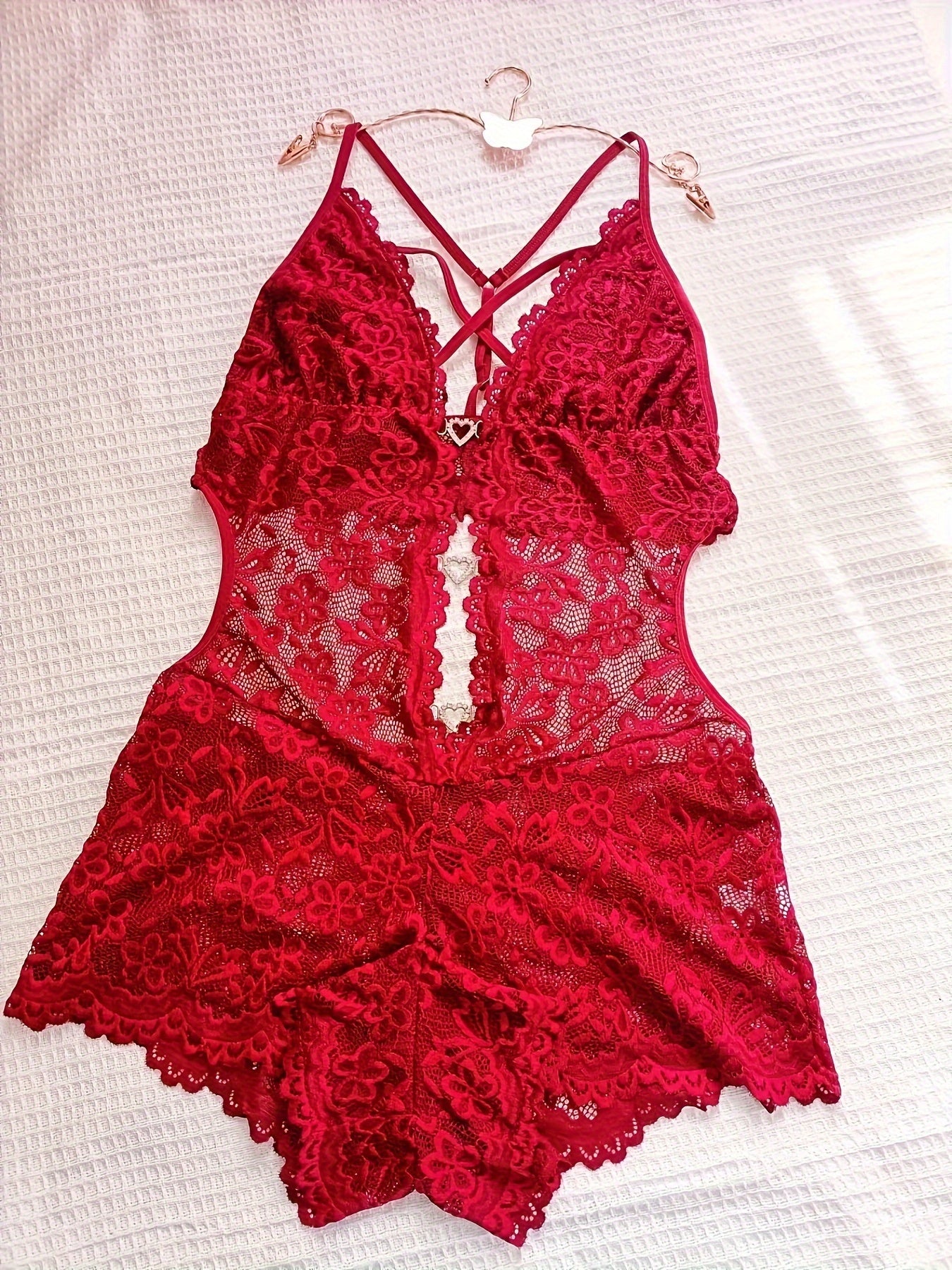 Sexy lace teddy with heart decor, deep V backless bodysuit.