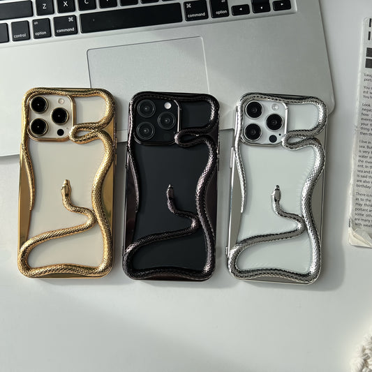 Small snake design electroplated in solid colors on a unique 3D soft TPU case for iPhone models 11-16.