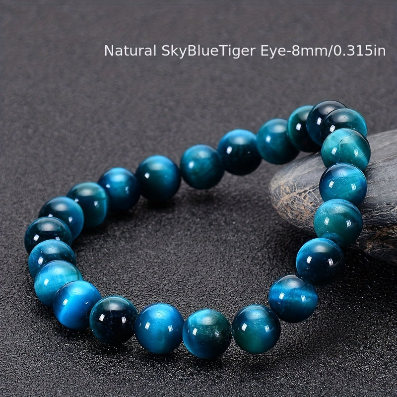 Stylish and unique couple bracelet featuring a single strand of 8mm AAAA high-quality blue tiger eye stones. Perfect as a personalized and elegant birthday gift for friends and family.