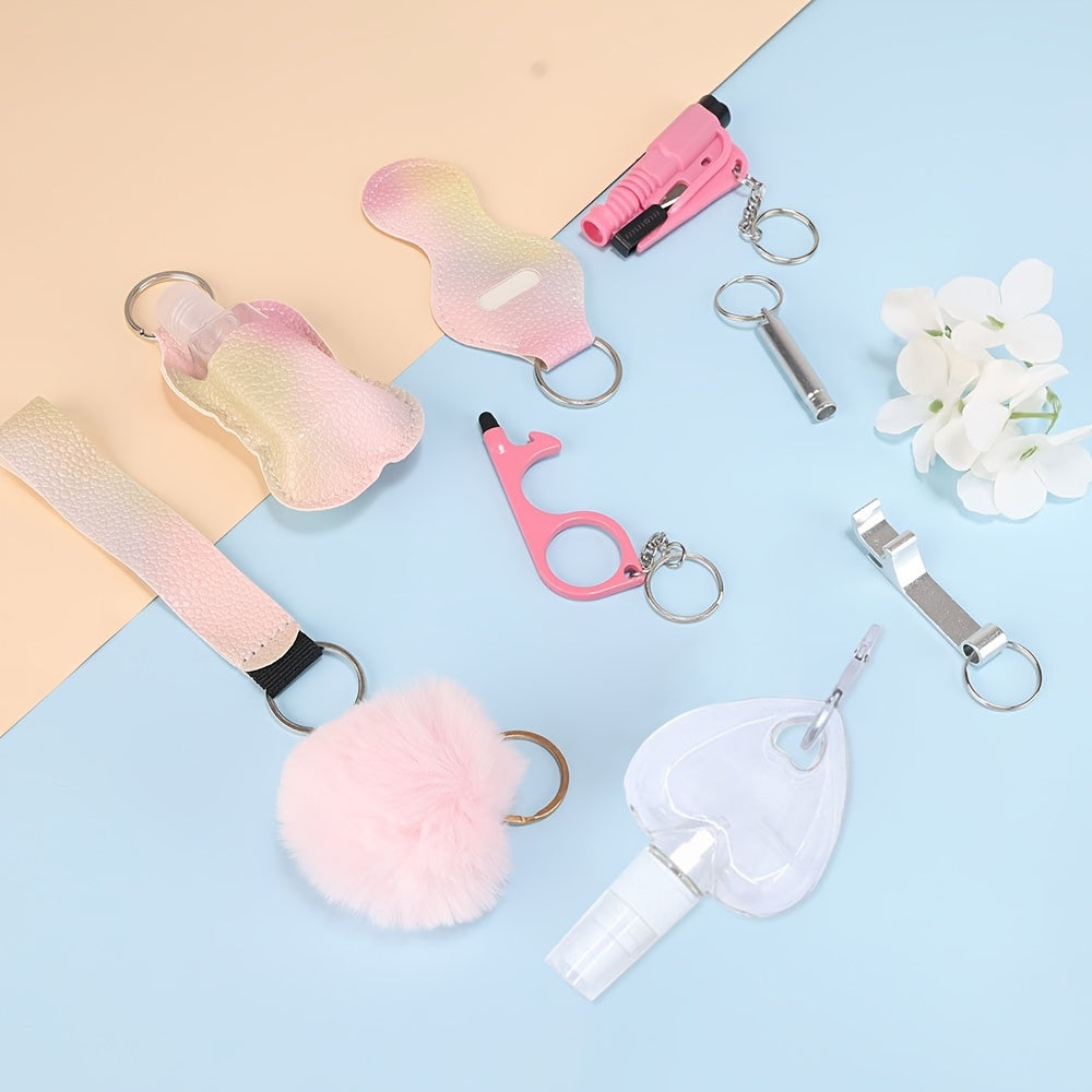 A set of 10 self-defense items for women, including a window breaker, spray bottle, lipstick holder, and other accessories. Perfect for birthday gifts for moms and women.