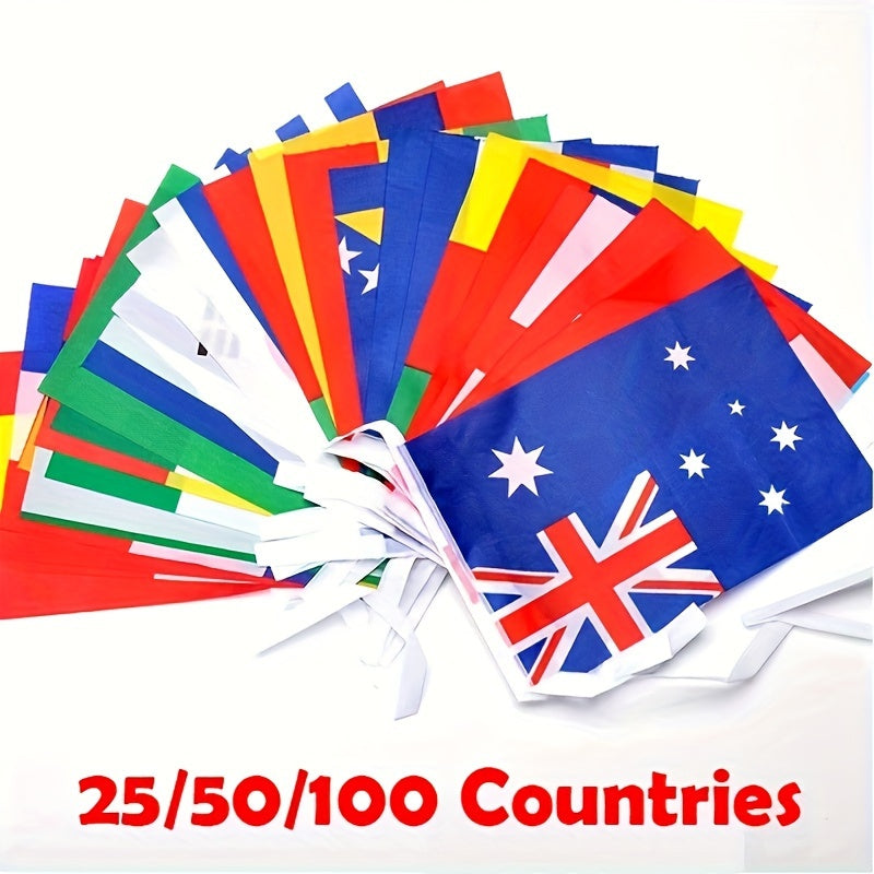 International world flag banner for room decor featuring flags from 25/50/100 countries. Made of non-woven polyester, perfect for various events such as weddings, graduations, beach