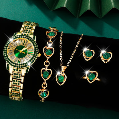 Elegant Green Quartz Wristwatch and Jewelry Set for Women, including 6 pieces with rhinestone accents, made of zinc alloy. Perfect for special occasions, with matching necklaces, earrings