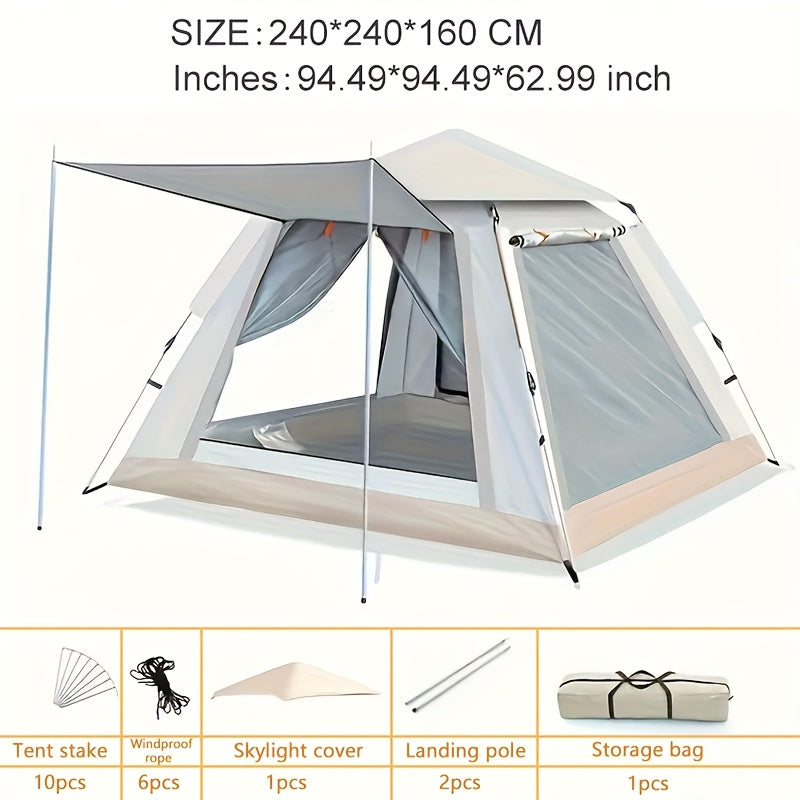 Portable and foldable 6-person family camping tent with automatic setup, ventilated sunshade, and all-season polyester fabric.