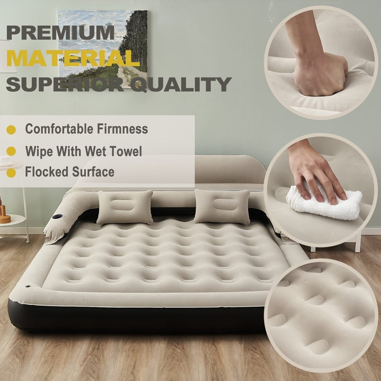 Inflatable air mattress with integrated pump, designed for maximum comfort and convenience. Made of durable plastic, featuring a deep fill design for optimal sleeping support. Includes backrest, headboard, and pillows for added relaxation. Suitable for