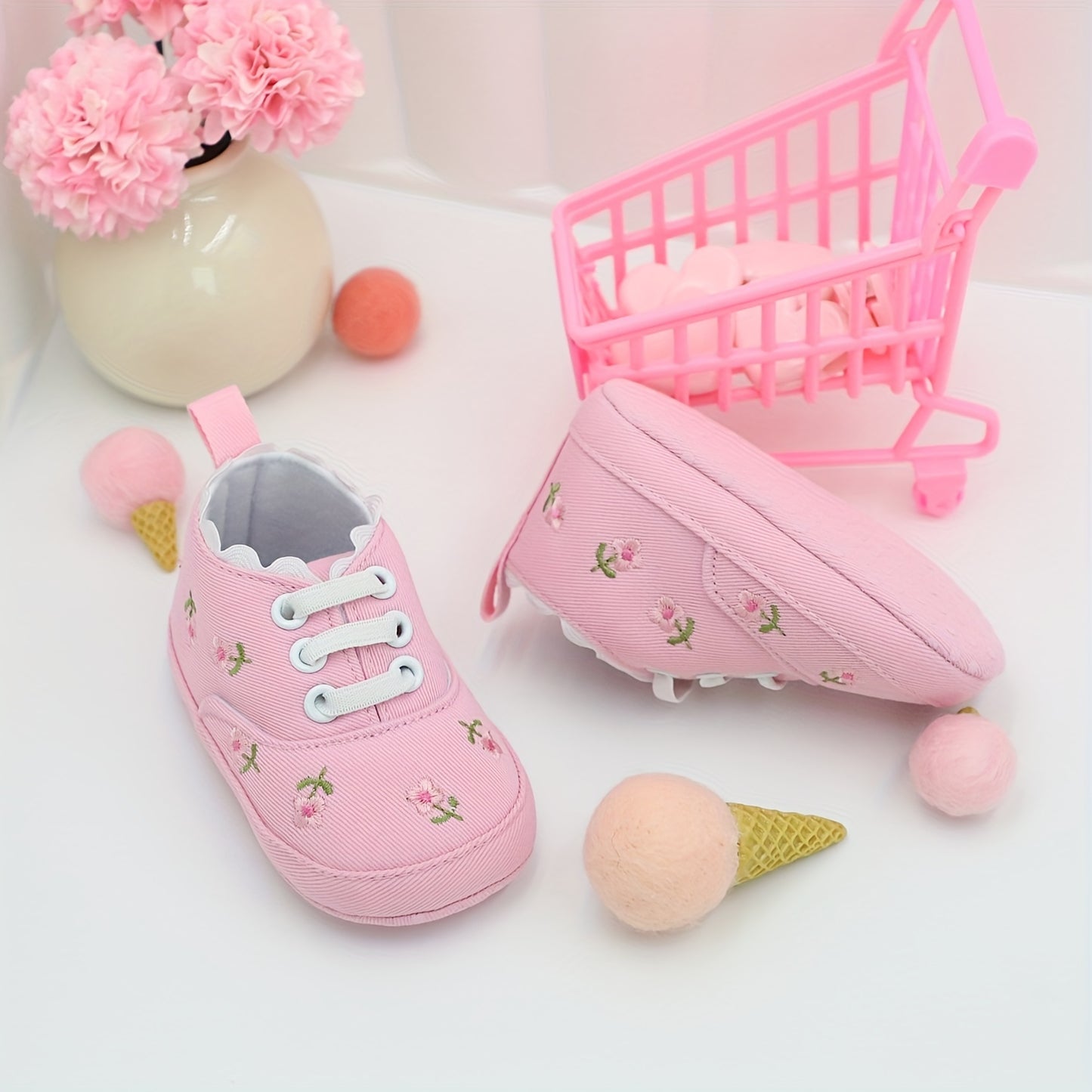 RABEISIR Floral Baby Girl First Walker Shoes in various colors, with soft sole Mary Jane style for parties and leisure activities.