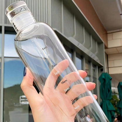 Reusable round plastic water bottle with time markers, ideal for various uses like office, school, and home, suitable for juice and iced drinks, hand wash only, and made of recyclable material.