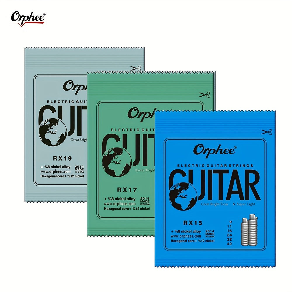 3 Sets of 6 strings each, ranging from 0.23-1.27mm, RX Practice Series hexagonal carbon steel electric guitar strings for 6 string guitars.