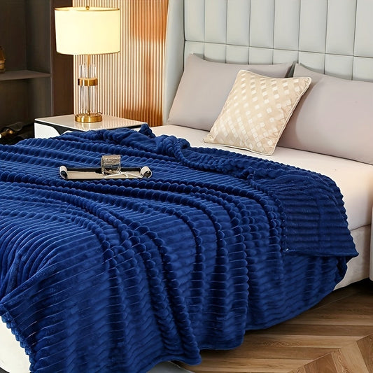 Cozy Contemporary Flannel Fleece Blanket - Perfect for All Seasons! This versatile throw has a rolled edge and drawstring design, making it ideal for use in the bedroom, office, sofa, or while traveling. The blanket comes in a solid navy color and